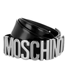 Ремень calf leather logo belt black/silver Moschino, черный