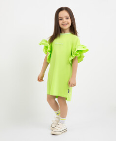 Платье трикотажное яркое с короткими рукавами-воланами салатовое для девочек Gulliver (98)