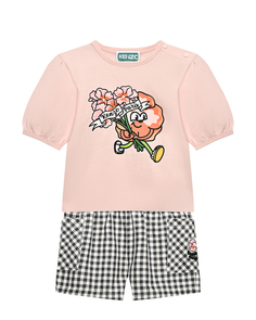 Комплект розовая футболка с принтом цветка + шорты в клетку KENZO