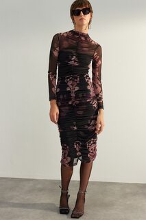 Платье миди со сборками и абстрактным узором Trendyol, черный