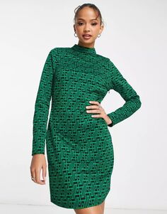 Зеленое платье мини с длинными рукавами New Look