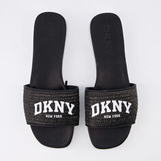 Черные шлепанцы с логотипом и ремешками из рафии DKNY