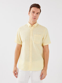 Мужская рубашка из смесового льна обычного кроя с коротким рукавом LCWAIKIKI Basic, желтый