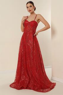 Длинное платье на косточках с пайетками и блестками на подкладке из бисера, красное By Saygı, красный