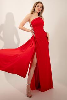 Женское красное длинное вечернее платье с камнями на одно плечо Lafaba, красный