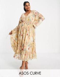 Свободное платье макси макси ASOS DESIGN Curve из металлизированного жаккарда с пуговицами и цветочным принтом