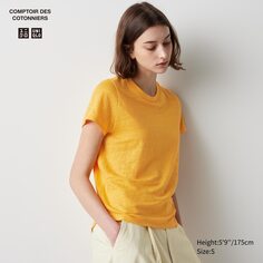 Футболка из 100% льна с круглым вырезом UNIQLO, оранжевый