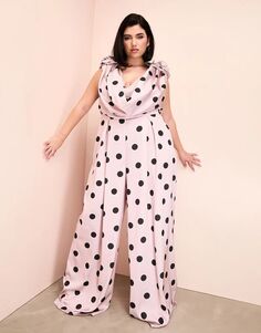 Атласный комбинезон в горошек с глубоким вырезом и бутоньерками ASOS Curve