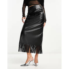 Юбка Asos Design Faux Leather Maxi With Fringing, черный