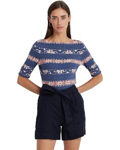 Футболка LAUREN Ralph Lauren Petite Print Stretch Cotton Boatneck, цвет Blue/Pink/Cream