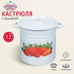 Кастрюля эмалированная сталь, 12 л, с крышкой, крышка сталь, цилиндр, Сибирские товары, С1624/.СГ*59/*59/.П/П*59/.С/.З/.СГ